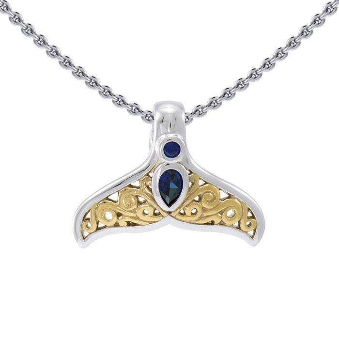 Filigree Whale Tail Sterling Silver and Vermeil Gold Accent with Gemstone Pendant MPD3798 - Jewelry