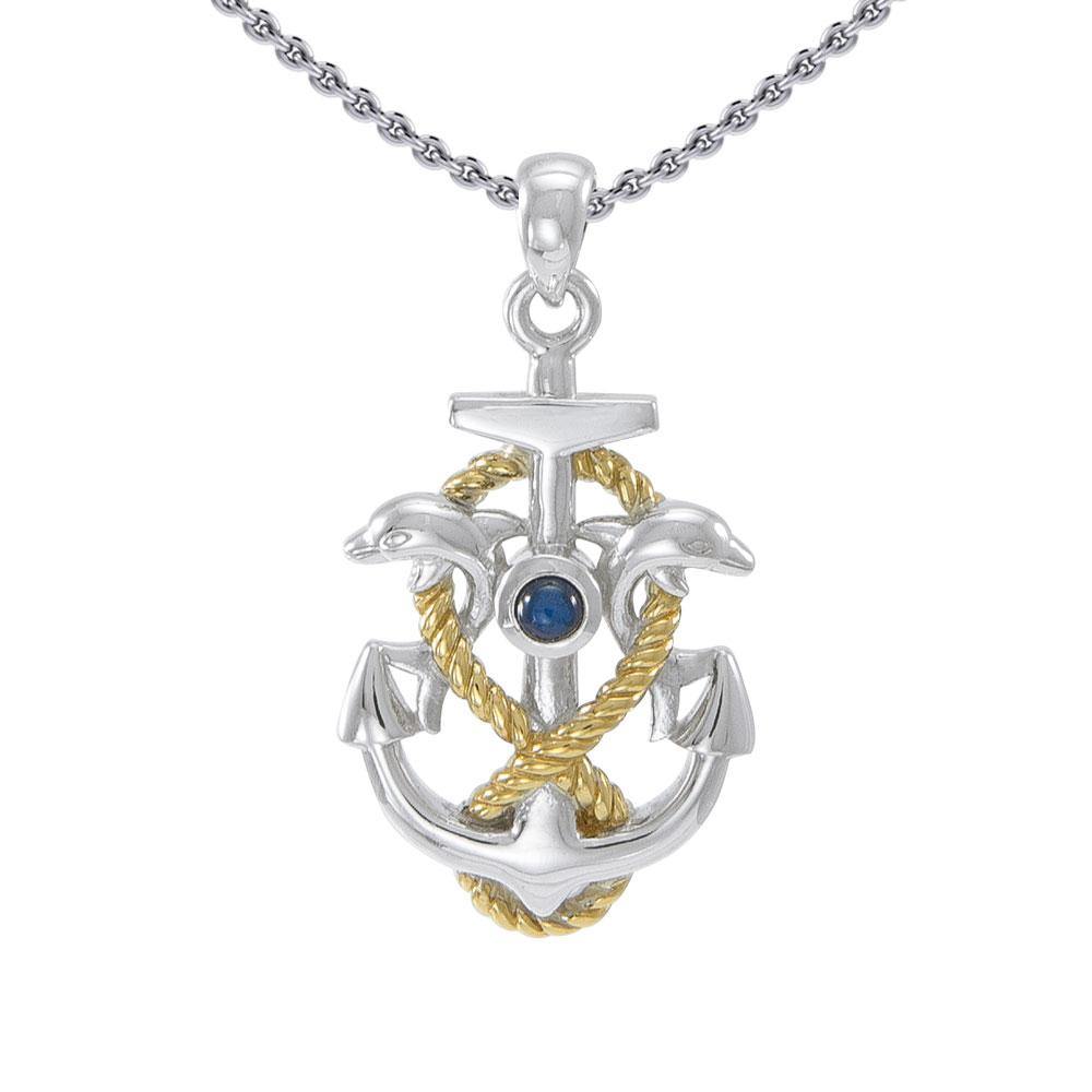 Anchor with Rope and Dolphin Sterling Silver and 18K Vermeil Gold Accent Pendant MPD4051 - Jewelry