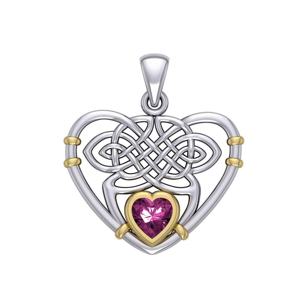 Celtic Heart Silver and Gold Pendant with Gemstone MPD4665 - Jewelry