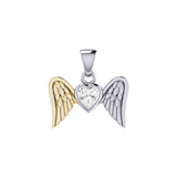 Gemstone Heart and Flying Angel Wings Silver and Gold Pendant MPD5228 - Jewelry