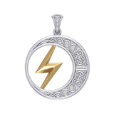 Zeus God Lightning Bolt with Celtic Crescent Moon Silver and Gold Pendant MPD5900