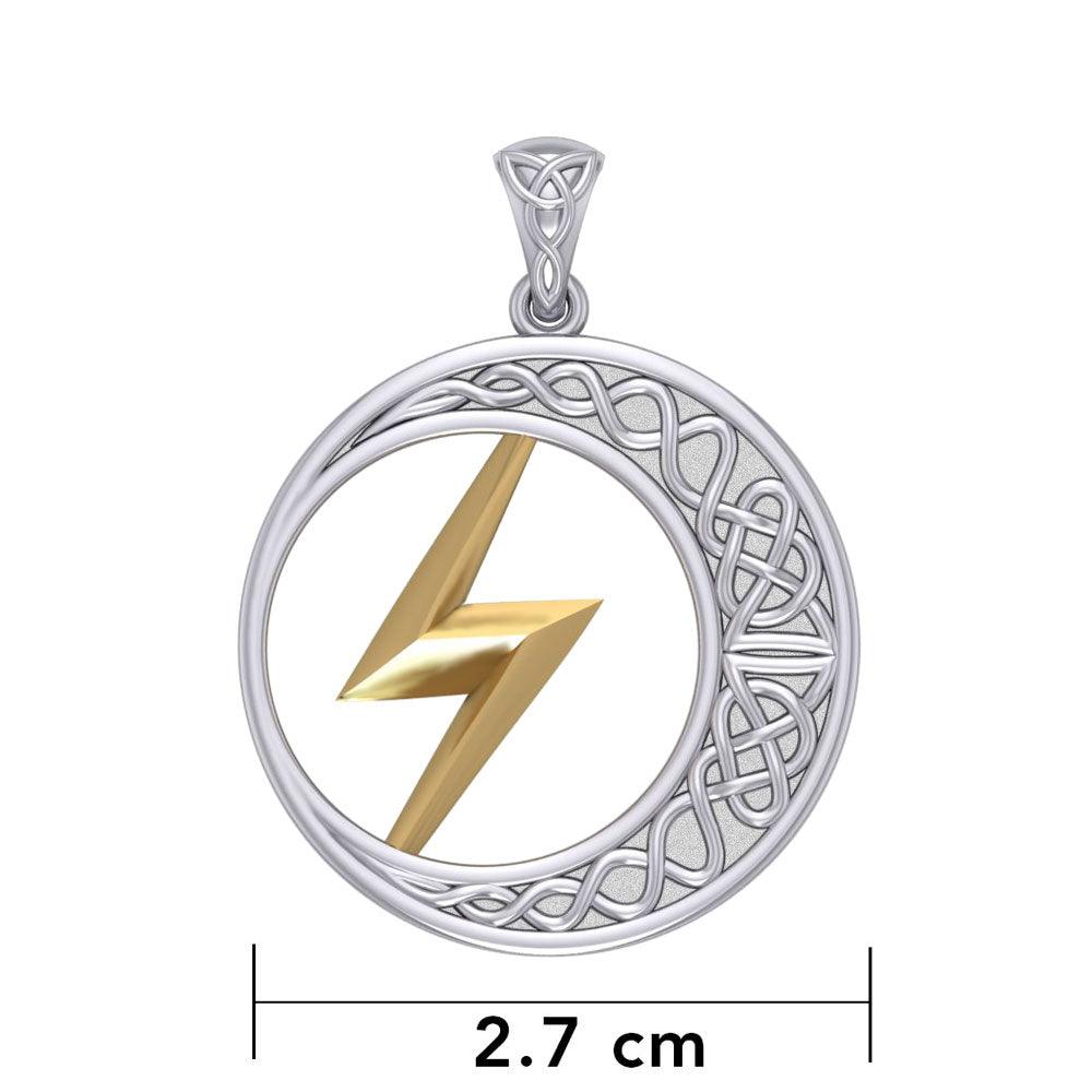 Zeus God Lightning Bolt with Celtic Crescent Moon Silver and Gold Pendant MPD5900 - Jewelry