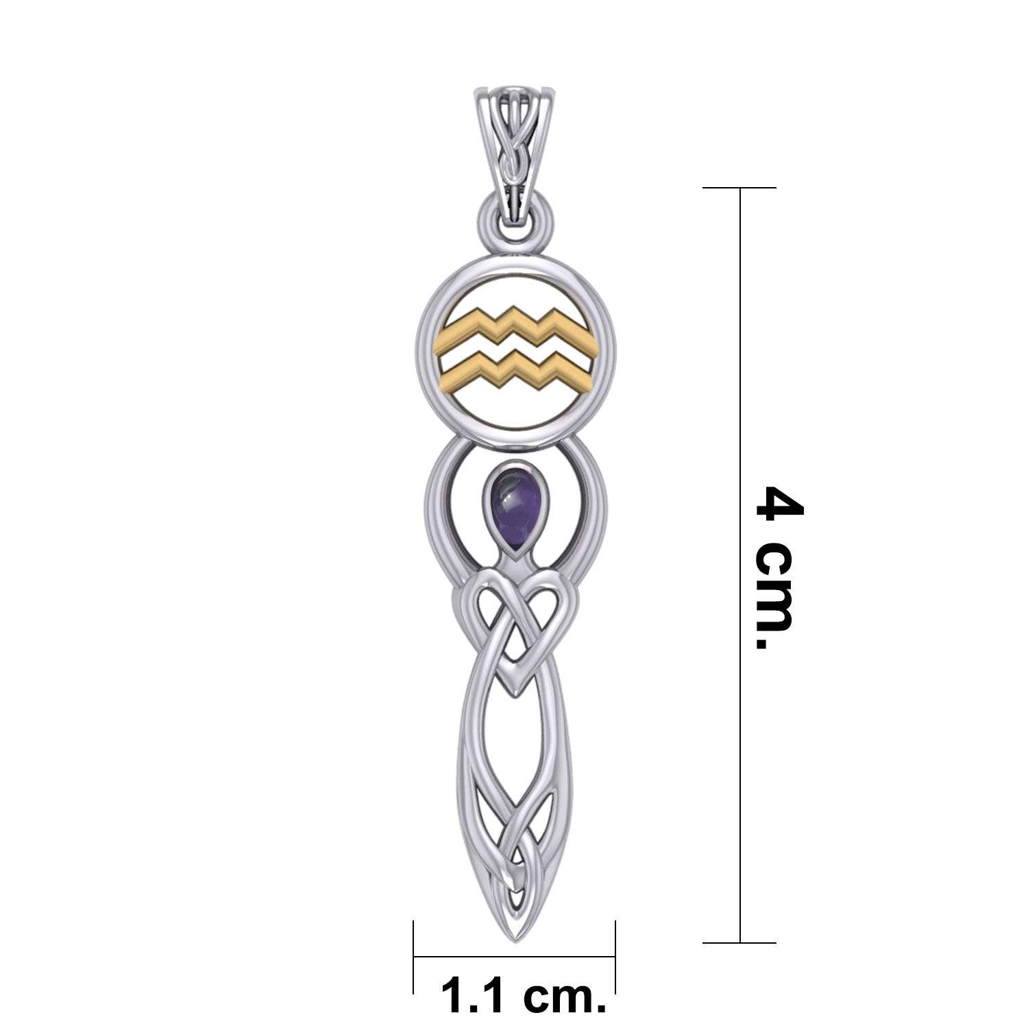 Celtic Goddess Aquarius Astrology Zodiac Sign Silver and Gold Accents Pendant with Garnet MPD5933 - Jewelry