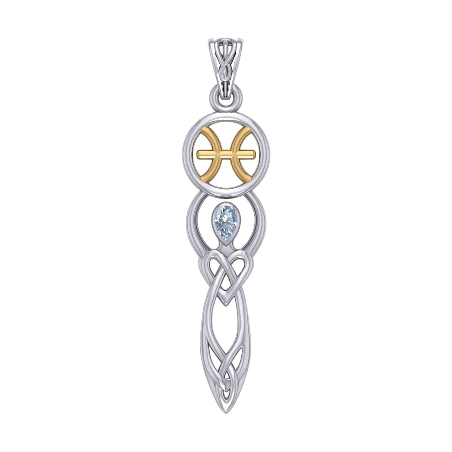 Celtic Goddess Pisces Astrology Zodiac Sign Silver and Gold Accents Pendant with Aquamarine MPD5934 - Jewelry