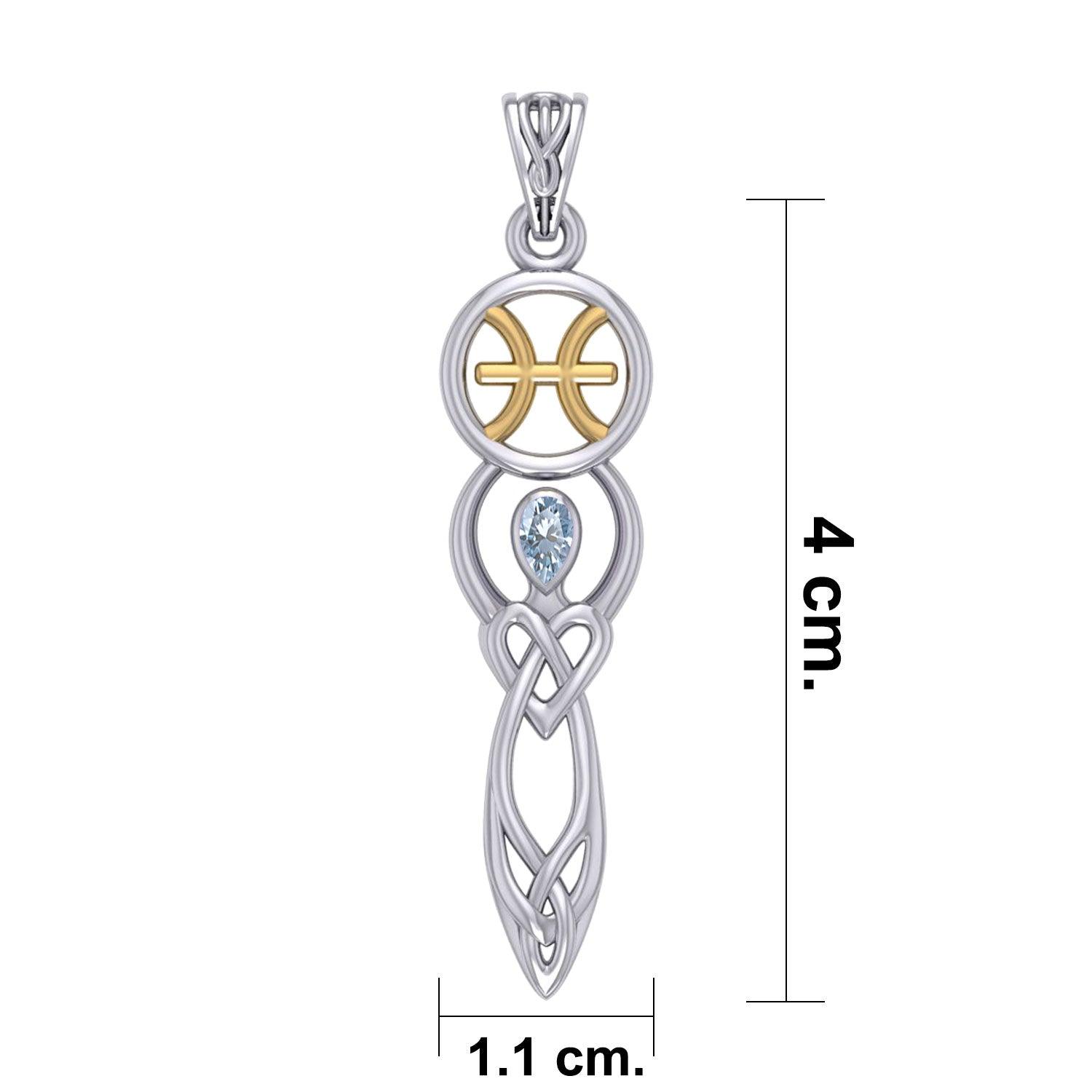 Celtic Goddess Pisces Astrology Zodiac Sign Silver and Gold Accents Pendant with Aquamarine MPD5934 - Jewelry