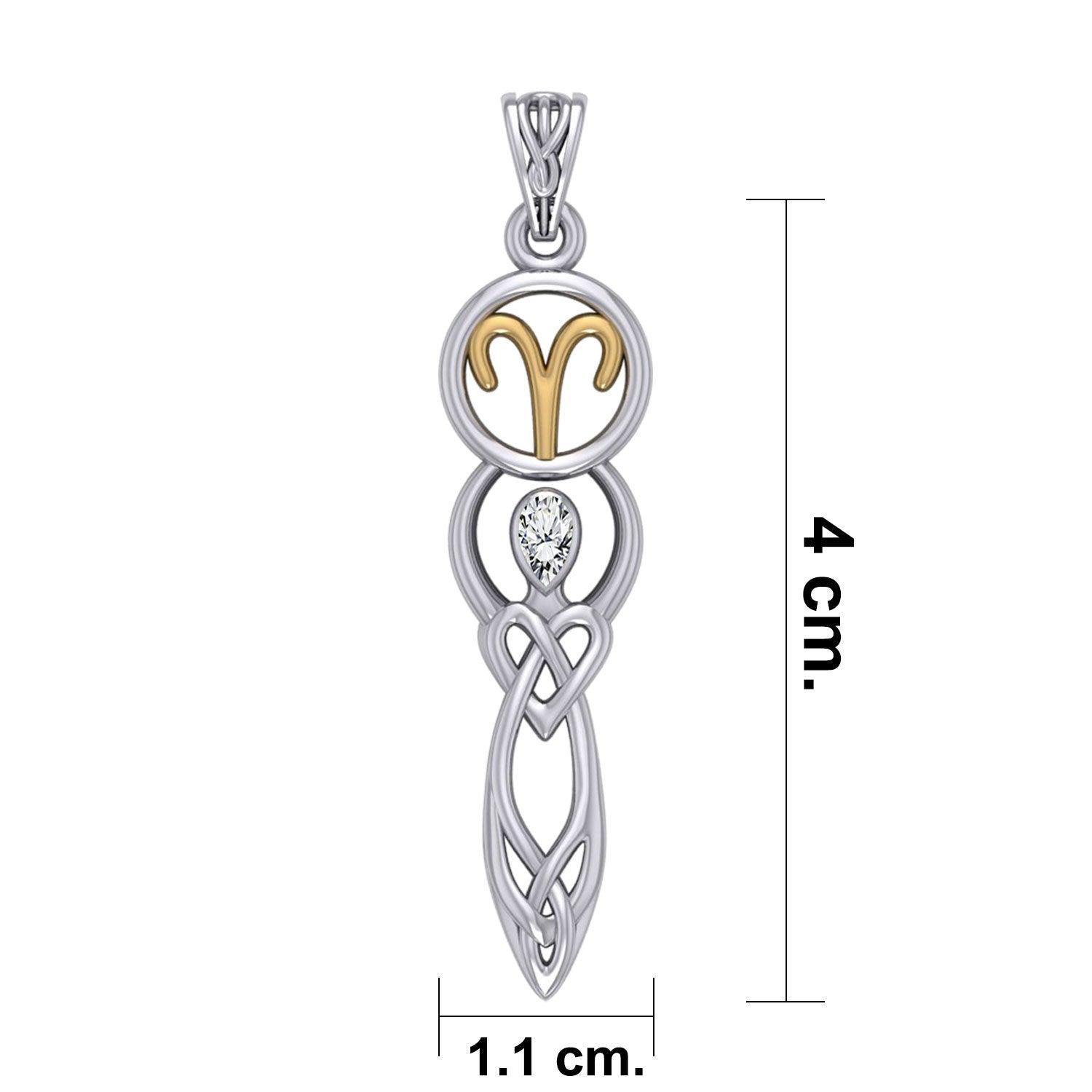 Celtic Goddess Aries Astrology Zodiac Sign Silver and Gold Accents Pendant with White Stone MPD5935 - Jewelry