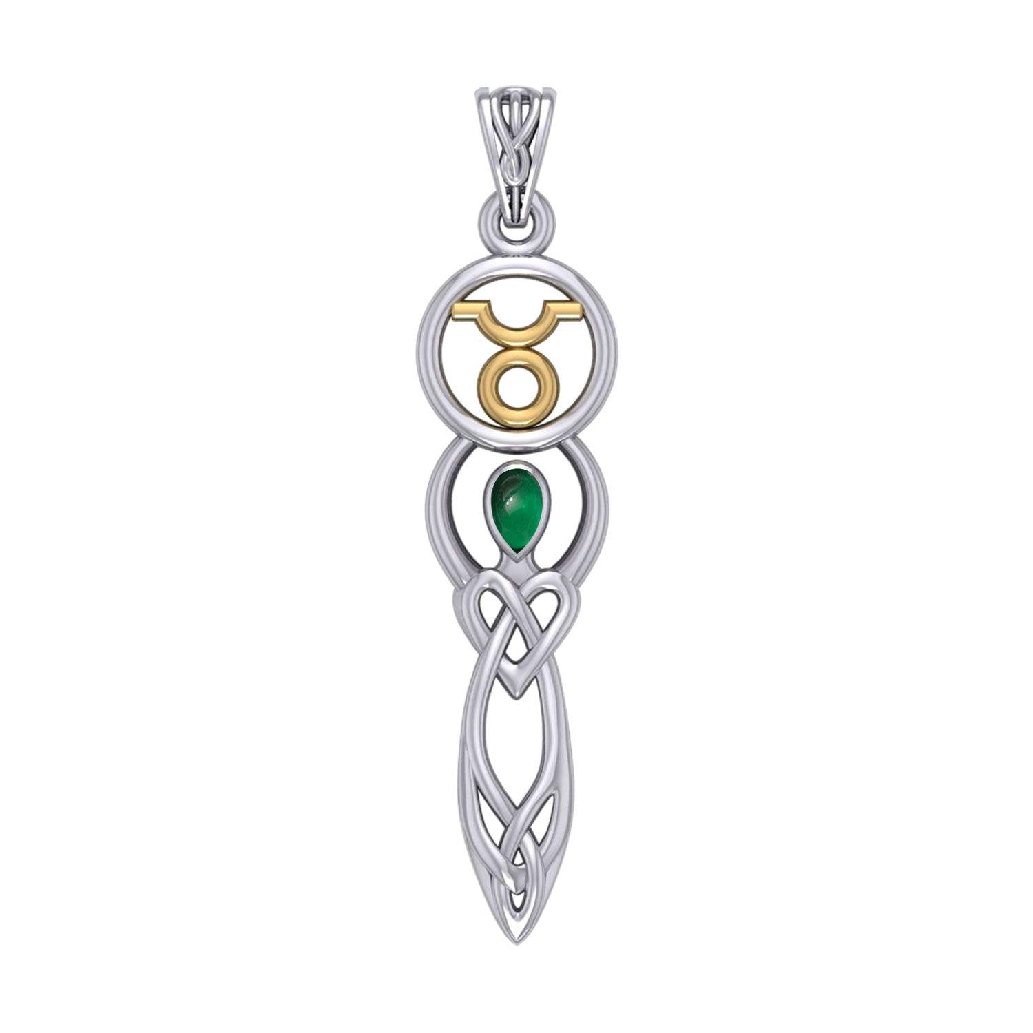 Celtic Goddess Taurus Astrology Zodiac Sign Silver and Gold Accents Pendant with Emerald MPD5936 - Jewelry