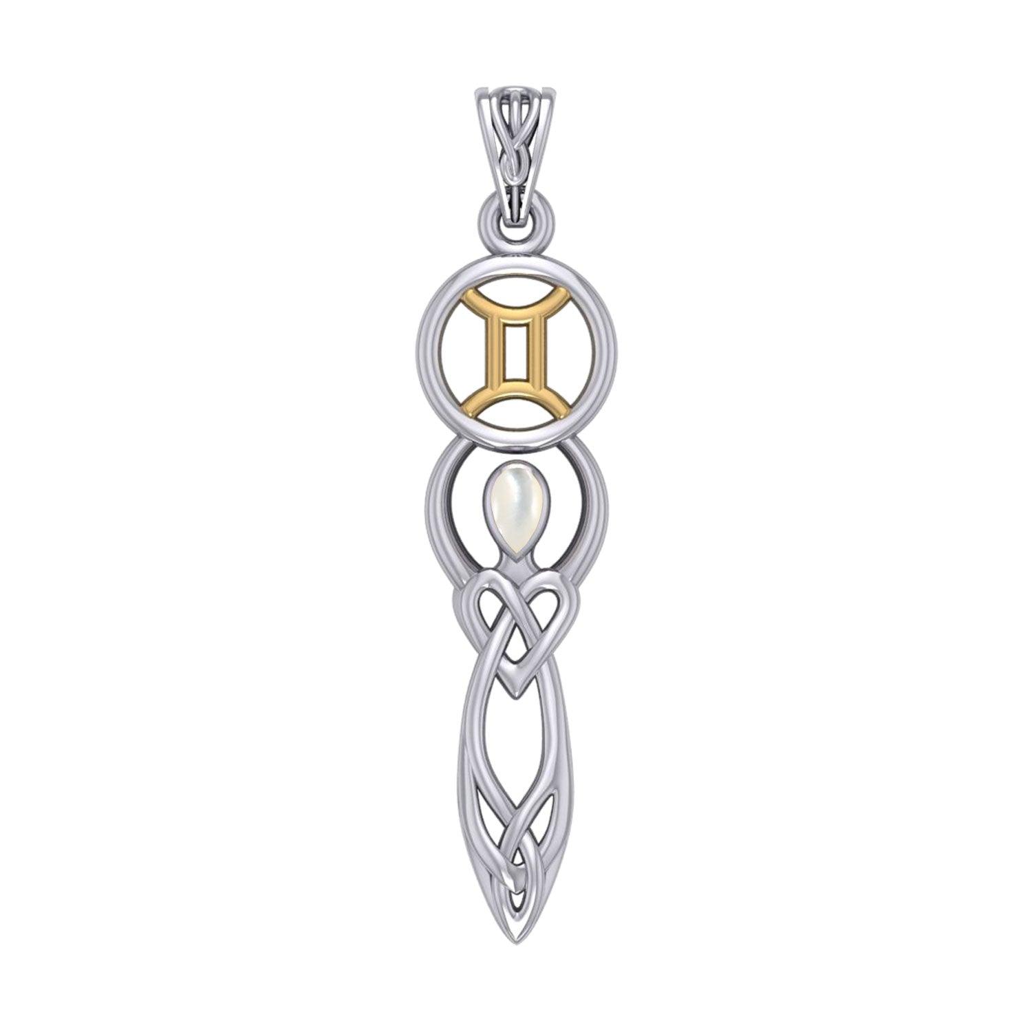 Celtic Goddess Gemini Astrology Zodiac Sign Silver and Gold Accents Pendant with Mother of Pearl MPD5937 - Jewelry
