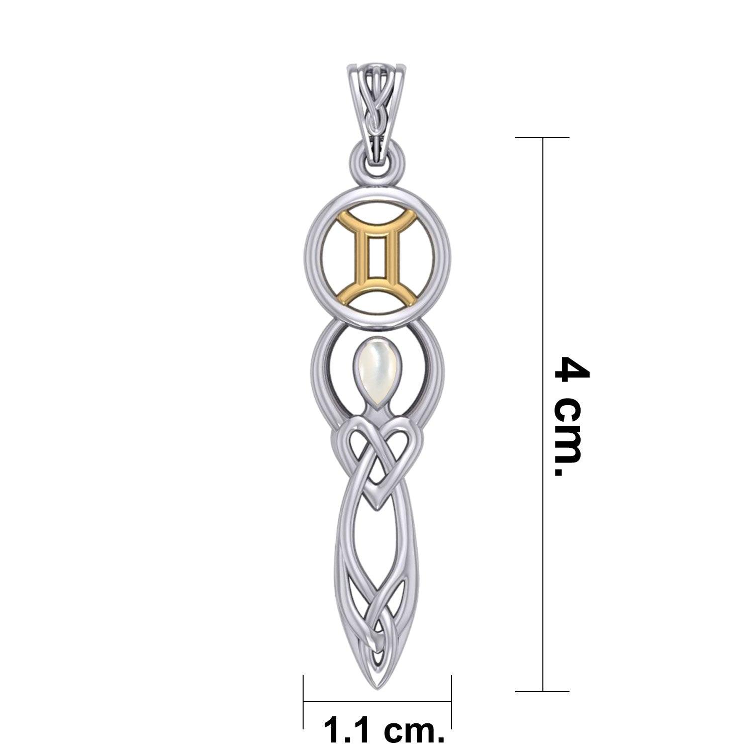 Celtic Goddess Gemini Astrology Zodiac Sign Silver and Gold Accents Pendant with Mother of Pearl MPD5937 - Jewelry