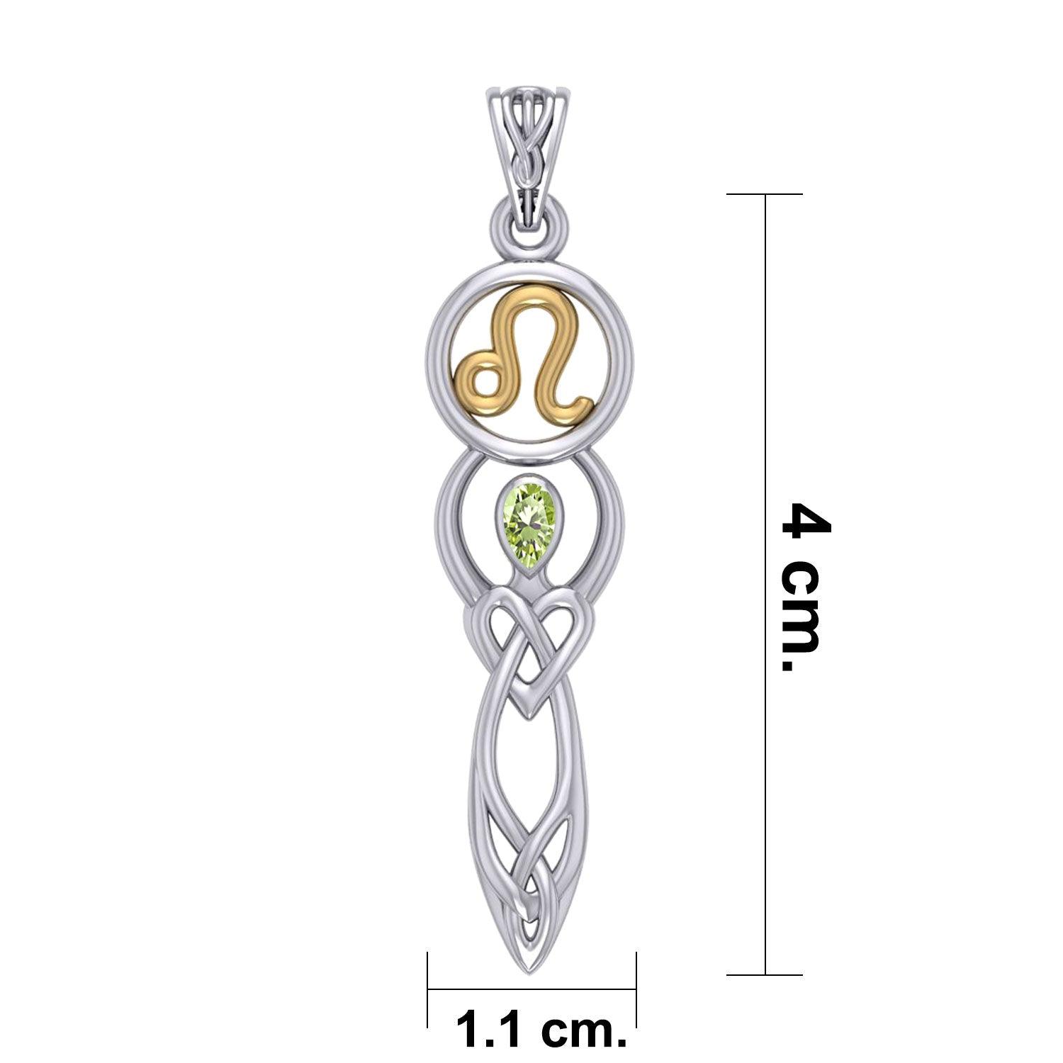 Celtic Goddess Leo Astrology Zodiac Sign Silver and Gold Accents Pendant with Peridot MPD5939 - Jewelry