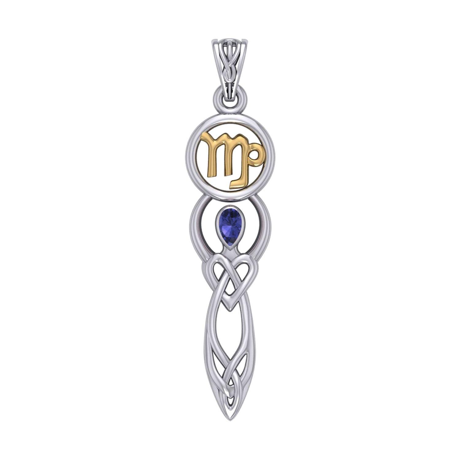 Celtic Goddess Virgo Astrology Zodiac Sign Silver and Gold Accents Pendant with Sapphire MPD5940 - Jewelry