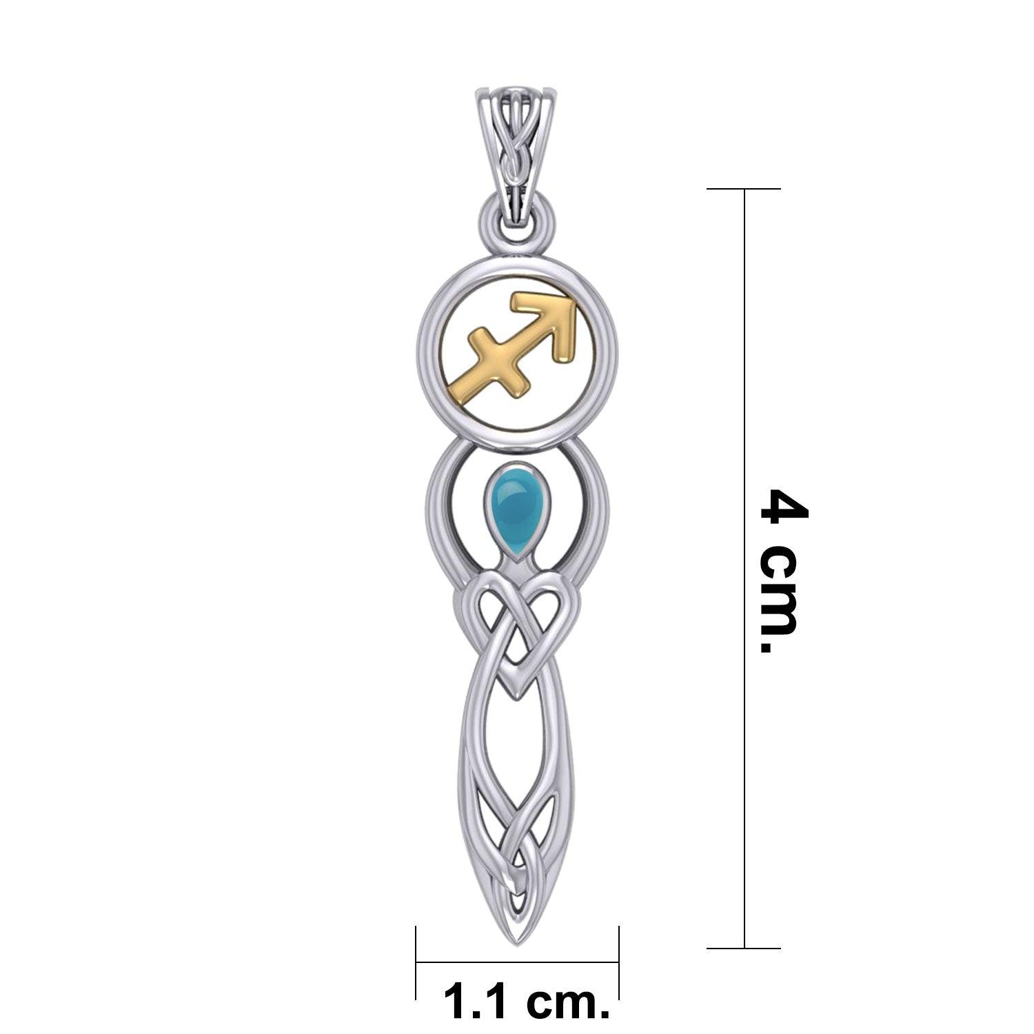 Celtic Goddess Sagittarius Astrology Zodiac Sign Silver and Gold Accents Pendant with Turquoise MPD5943 - Jewelry