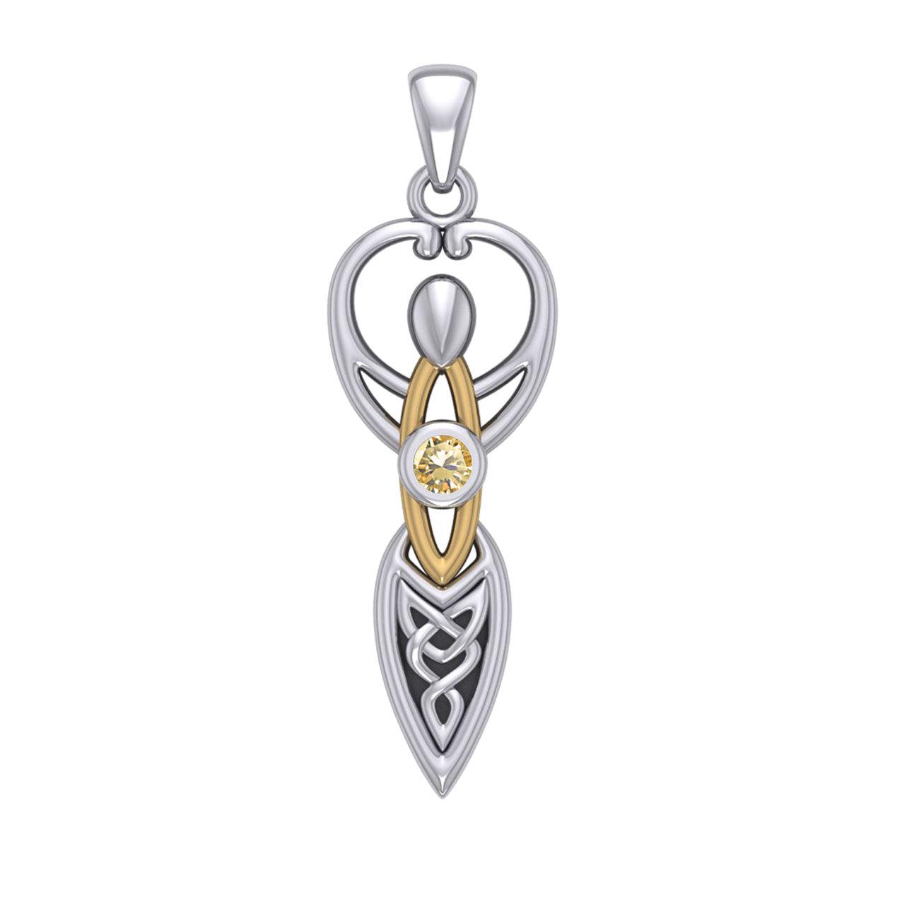 Celtic Goddess with Birthstone Silver and Gold Accents Pendant MPD5959 - Jewelry