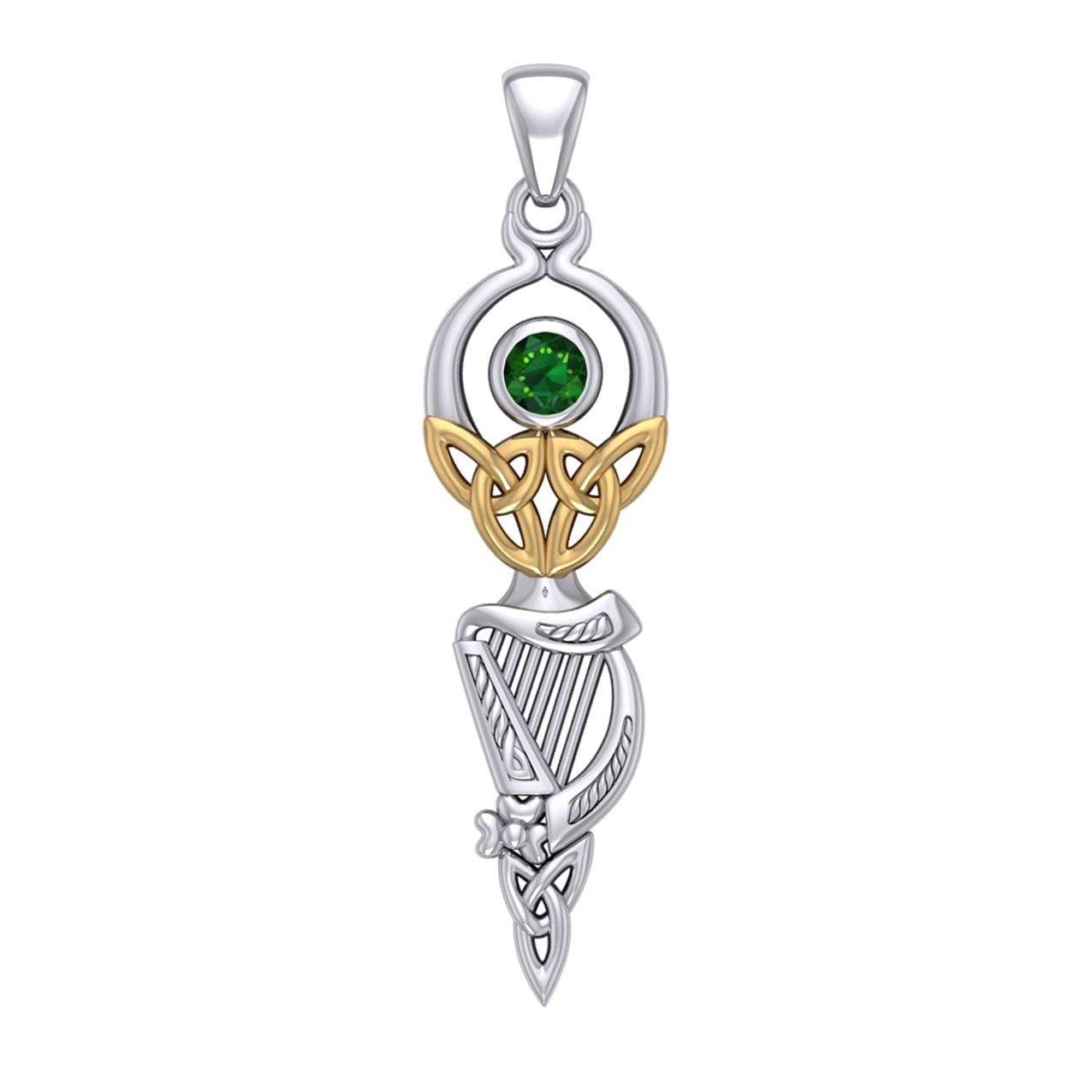 Celtic Goddess with Irish Harp Silver and Gold Accents Pendant MPD5961 - Jewelry