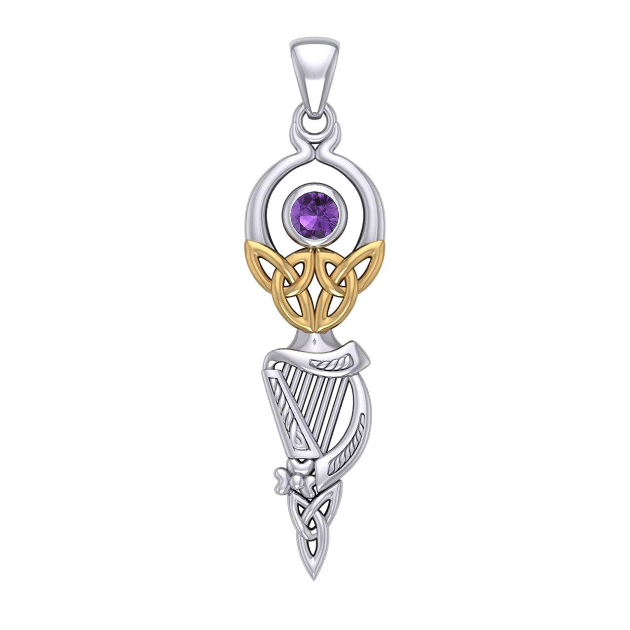 Celtic Goddess with Irish Harp Silver and Gold Accents Pendant MPD5961 - Jewelry