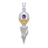 Celtic Goddess with Irish Harp Silver and Gold Accents Pendant MPD5961 - Jewelry
