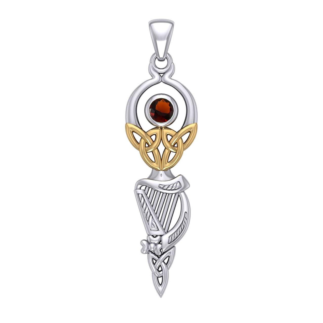 Celtic Goddess with Irish Harp Silver and Gold Accents Pendant MPD5961 - Jewelry