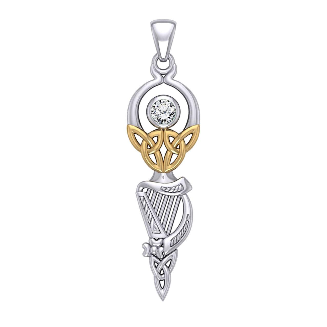 Celtic Goddess with Irish Harp Silver and Gold Accents Pendant MPD5961 - Jewelry