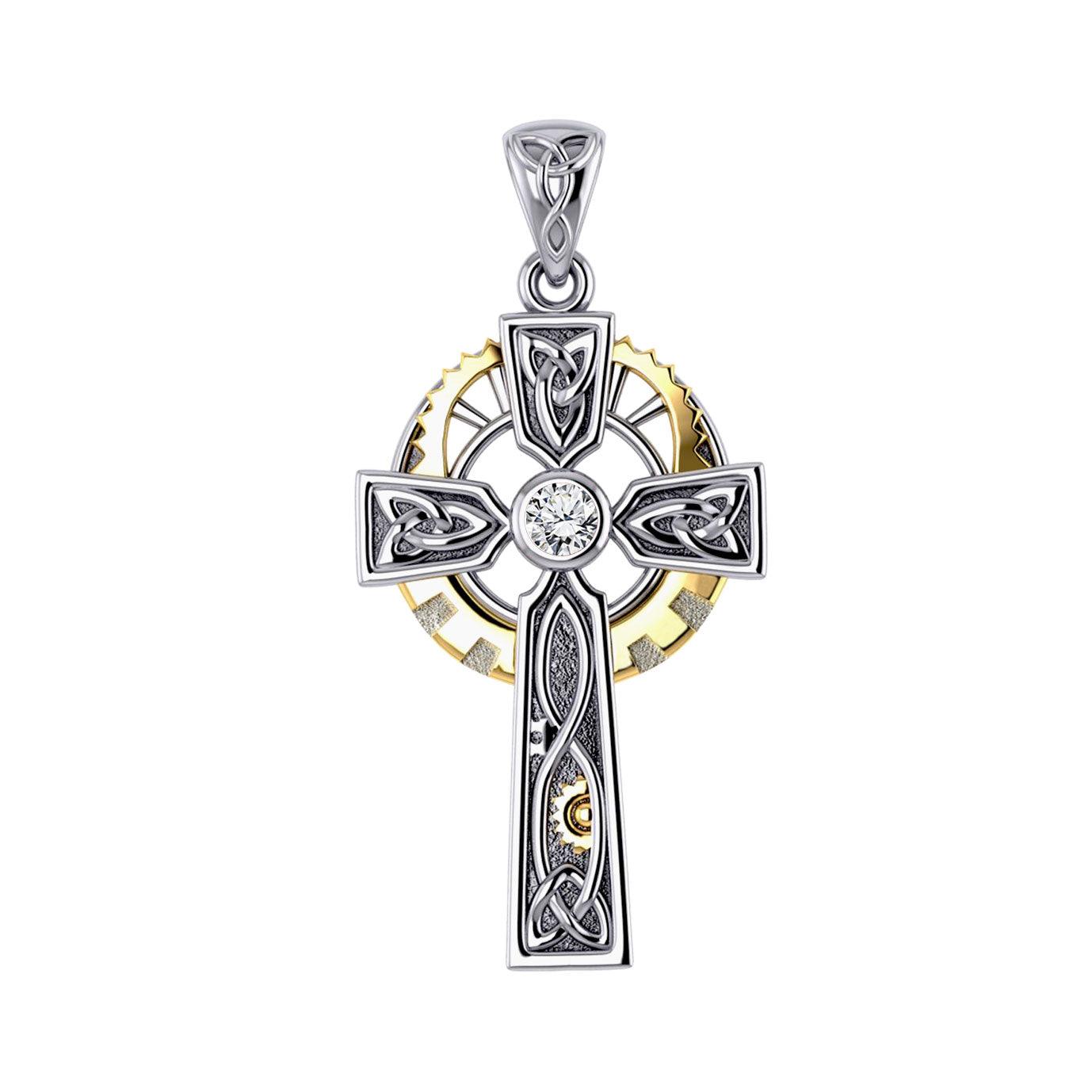 Steampunk Celtic Cross Silver and Gold Accent Pendant MPD5997 - Jewelry