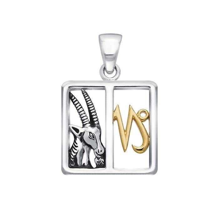 Capricorn Zodiac Symbol Silver and 14K Gold Accent Pendant MPD911 - Jewelry