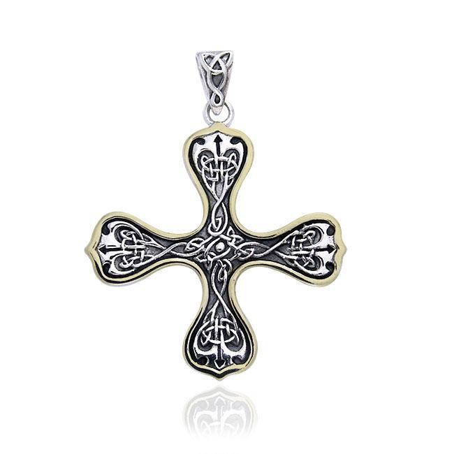 Elaborate Celtic Knotwork Cross Silver and 14K Gold Accent Pendant MPD988 - Jewelry