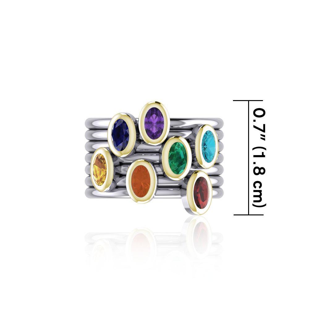 Oval Chakra Gemstone on Silver and Gold Stack Ring MRI1856 - Jewelry