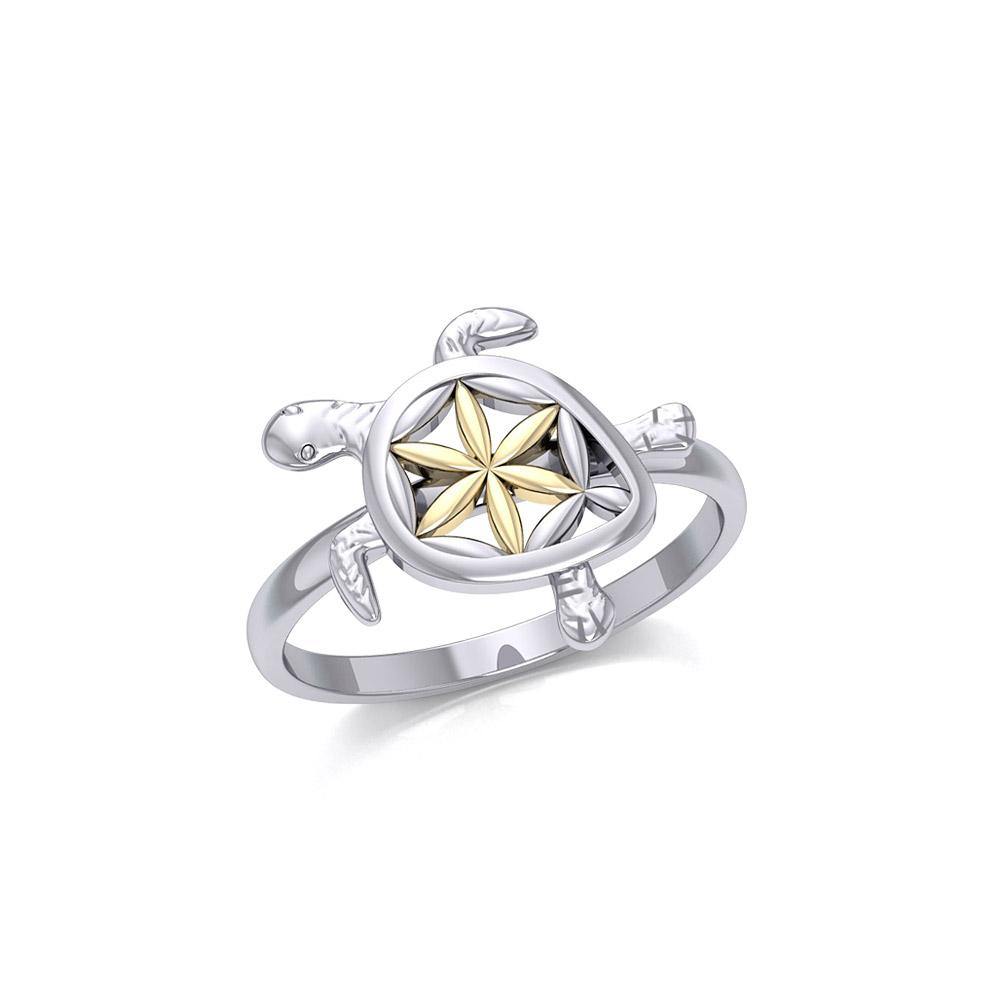 Swimming Turtle with Flower of Life Shell Silver and Gold Ring MRI1895 - Jewelry