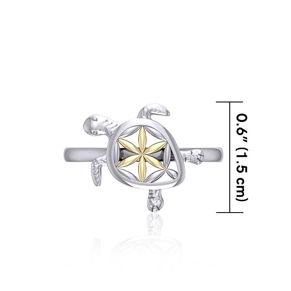 Swimming Turtle with Flower of Life Shell Silver and Gold Ring MRI1895 - Jewelry