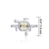 Swimming Turtle with Flower of Life Shell Silver and Gold Ring MRI1895 - Jewelry