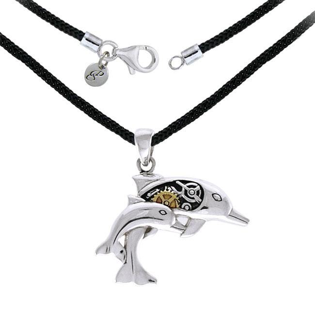 Steampunk Dolphins Sterling Silver Necklace Set MSE690P - Jewelry