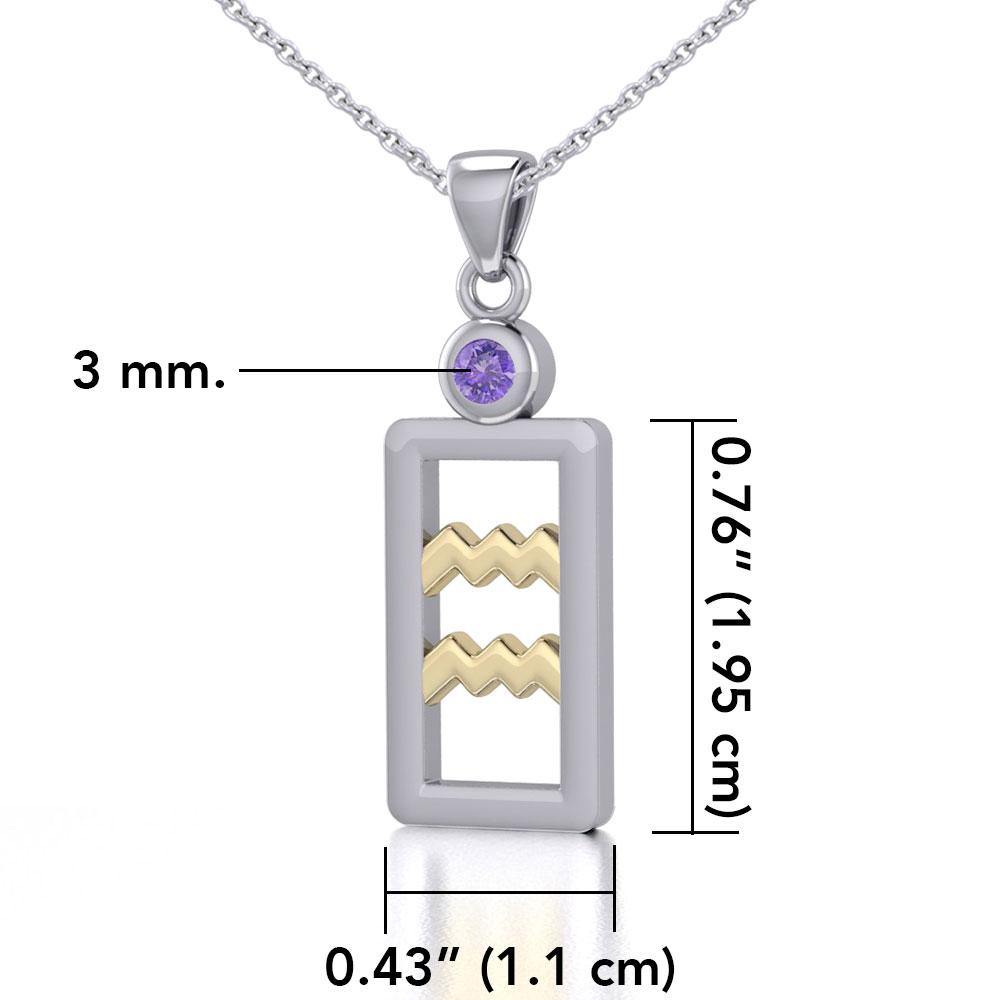 Aquarius Zodiac Sign Silver and Gold Pendant with Amethyst and Chain Jewelry Set MSE782 - Jewelry
