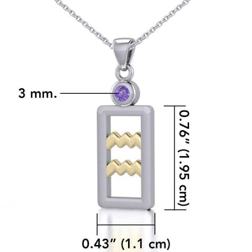 Aquarius Zodiac Sign Silver and Gold Pendant with Amethyst and Chain Jewelry Set MSE782 - Jewelry