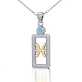 Pisces Zodiac Sign Silver and Gold Pendant with Aquamarine and Chain Jewelry Set MSE783 - Jewelry