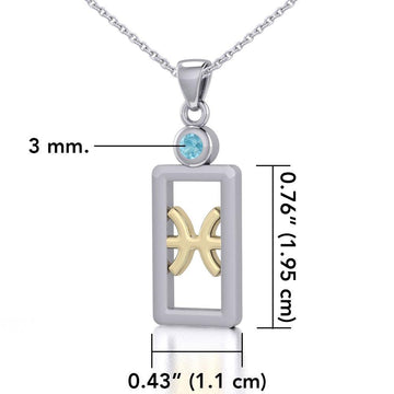Pisces Zodiac Sign Silver and Gold Pendant with Aquamarine and Chain Jewelry Set MSE783 - Jewelry
