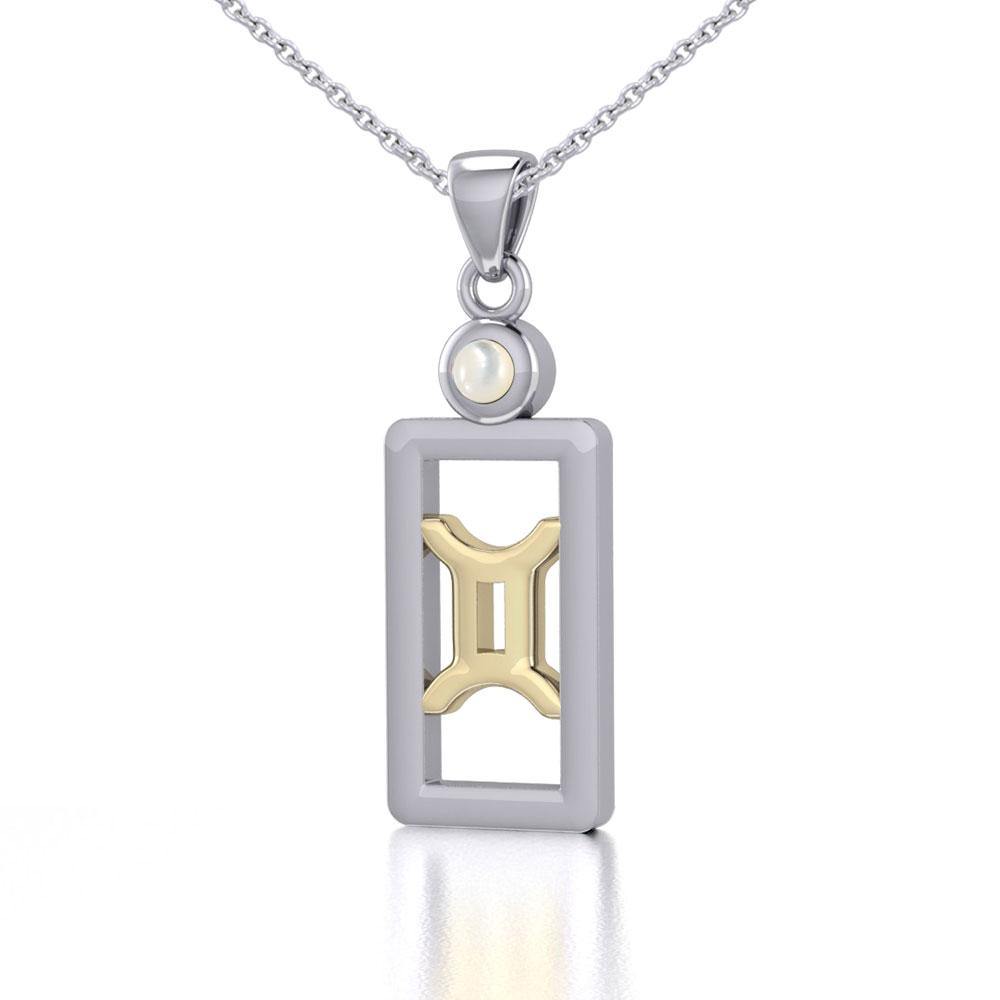 Gemini Zodiac Sign Silver and Gold Pendant with Mother of Pearl and Chain Jewelry Set MSE786 - Jewelry