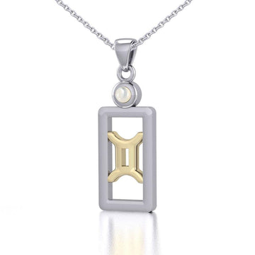 Gemini Zodiac Sign Silver and Gold Pendant with Mother of Pearl and Chain Jewelry Set MSE786 - Jewelry