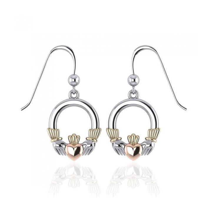 Irish Claddagh Three Tone Dangle Earrings OTE126 - Jewelry