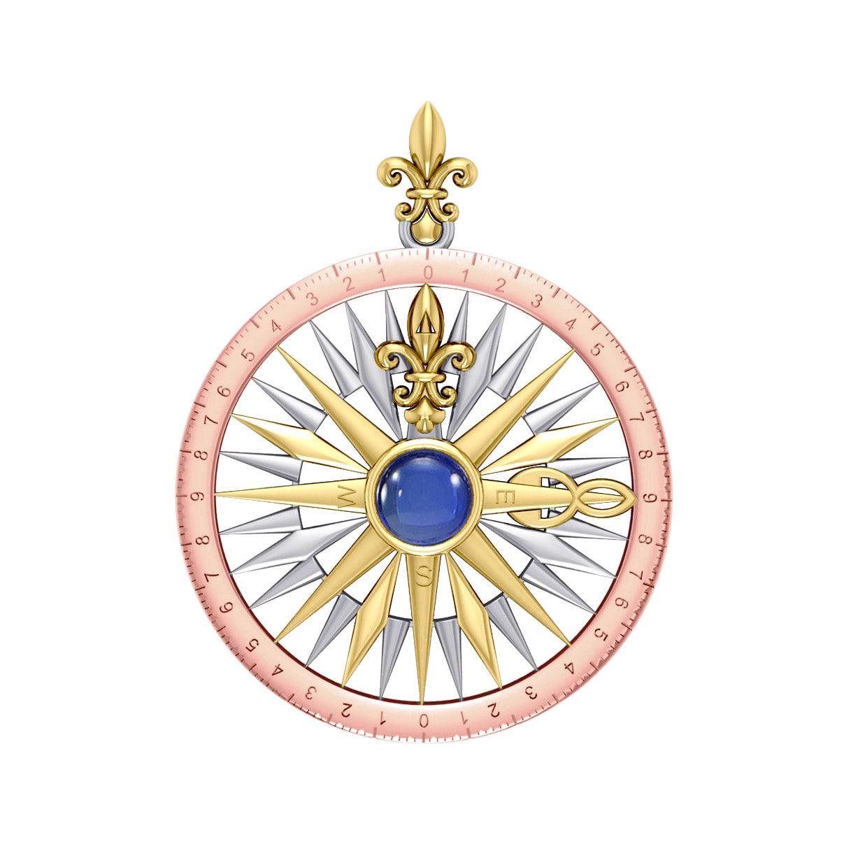 Compass Rose Silver with 14K Yellow Gold and Pink Gold Accent Pendant With Gemstone OTP3152 - Jewelry
