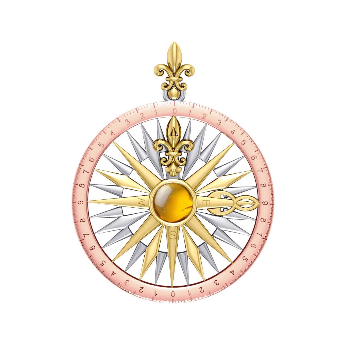 Compass Rose Silver with 14K Yellow Gold and Pink Gold Accent Pendant With Gemstone OTP3152 - Jewelry