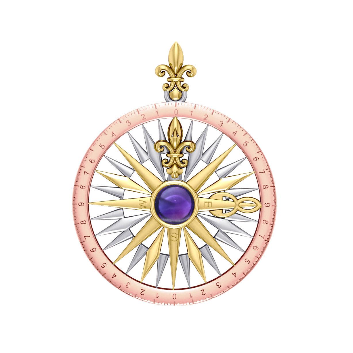 Compass Rose Silver with 14K Yellow Gold and Pink Gold Accent Pendant With Gemstone OTP3152 - Jewelry