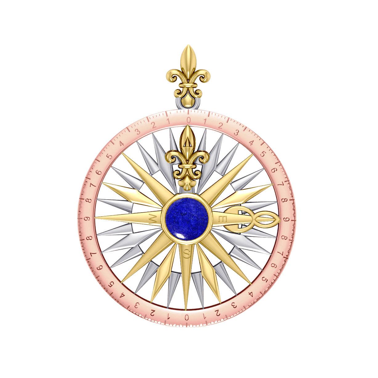 Compass Rose Silver with 14K Yellow Gold and Pink Gold Accent Pendant With Gemstone OTP3152 - Jewelry