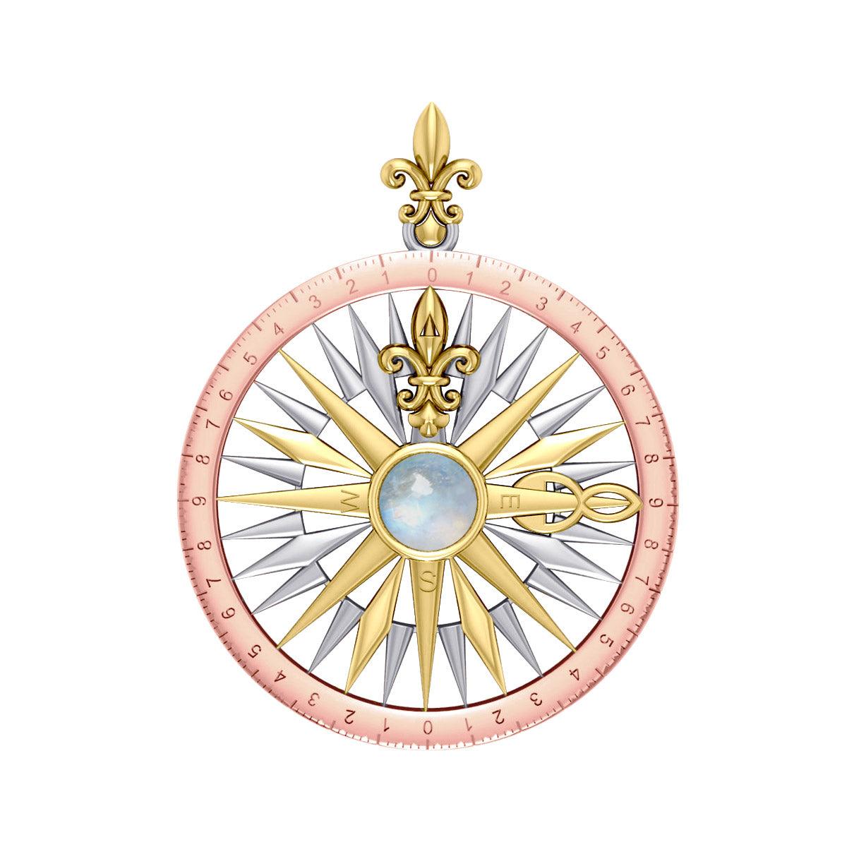 Compass Rose Silver with 14K Yellow Gold and Pink Gold Accent Pendant With Gemstone OTP3152 - Jewelry