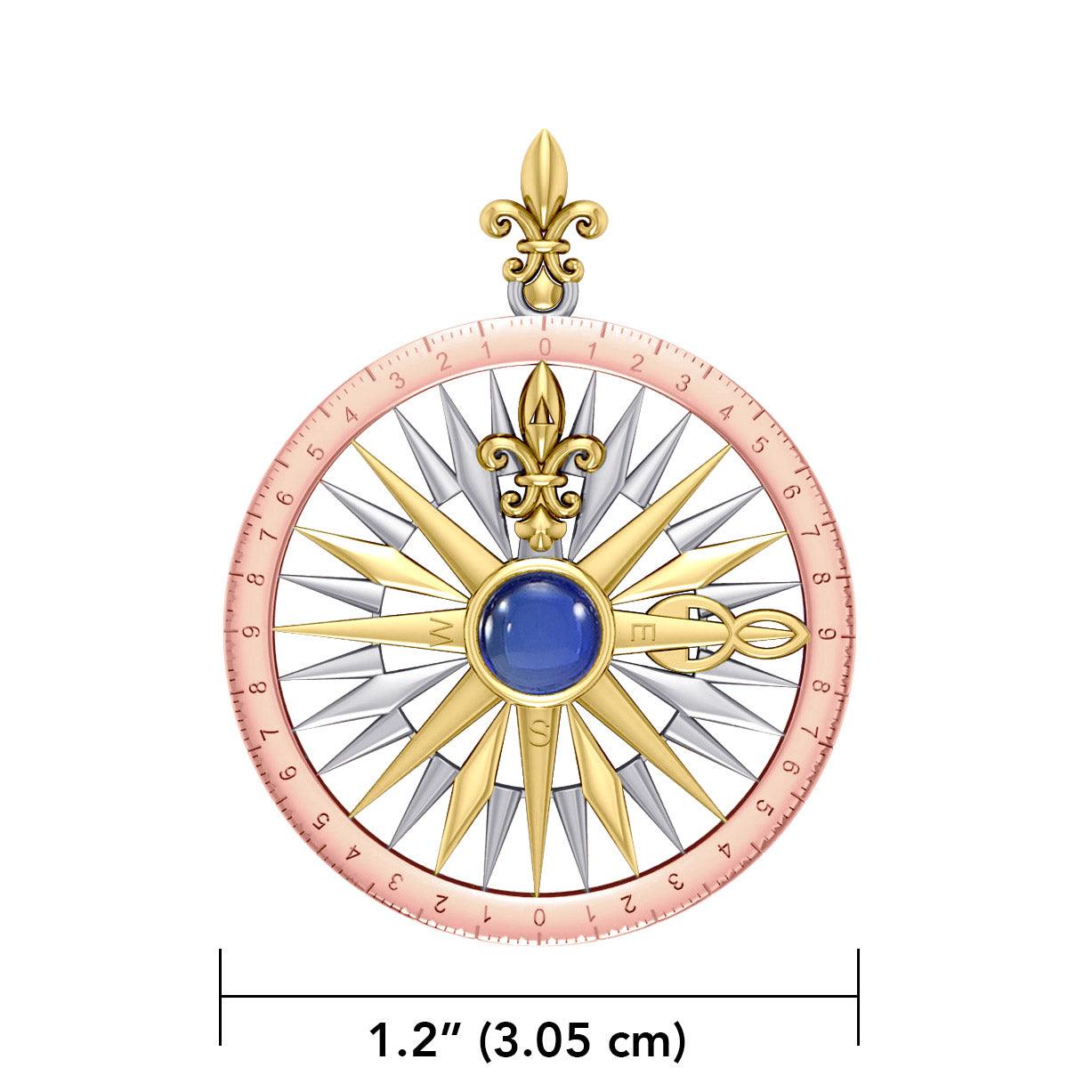 Compass Rose Silver with 14K Yellow Gold and Pink Gold Accent Pendant With Gemstone OTP3152 - Jewelry