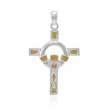 Claddagh on Celtic Knotwork Cross Three Tone Pendant OTP832 - Jewelry
