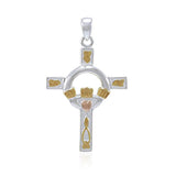 Claddagh on Celtic Knotwork Cross Three Tone Pendant OTP832