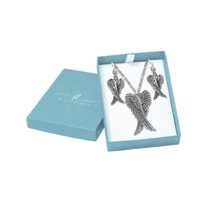 Wings of a Guardian Angel Silver Pendant Chain and Earrings Box Set SET009 - Jewelry