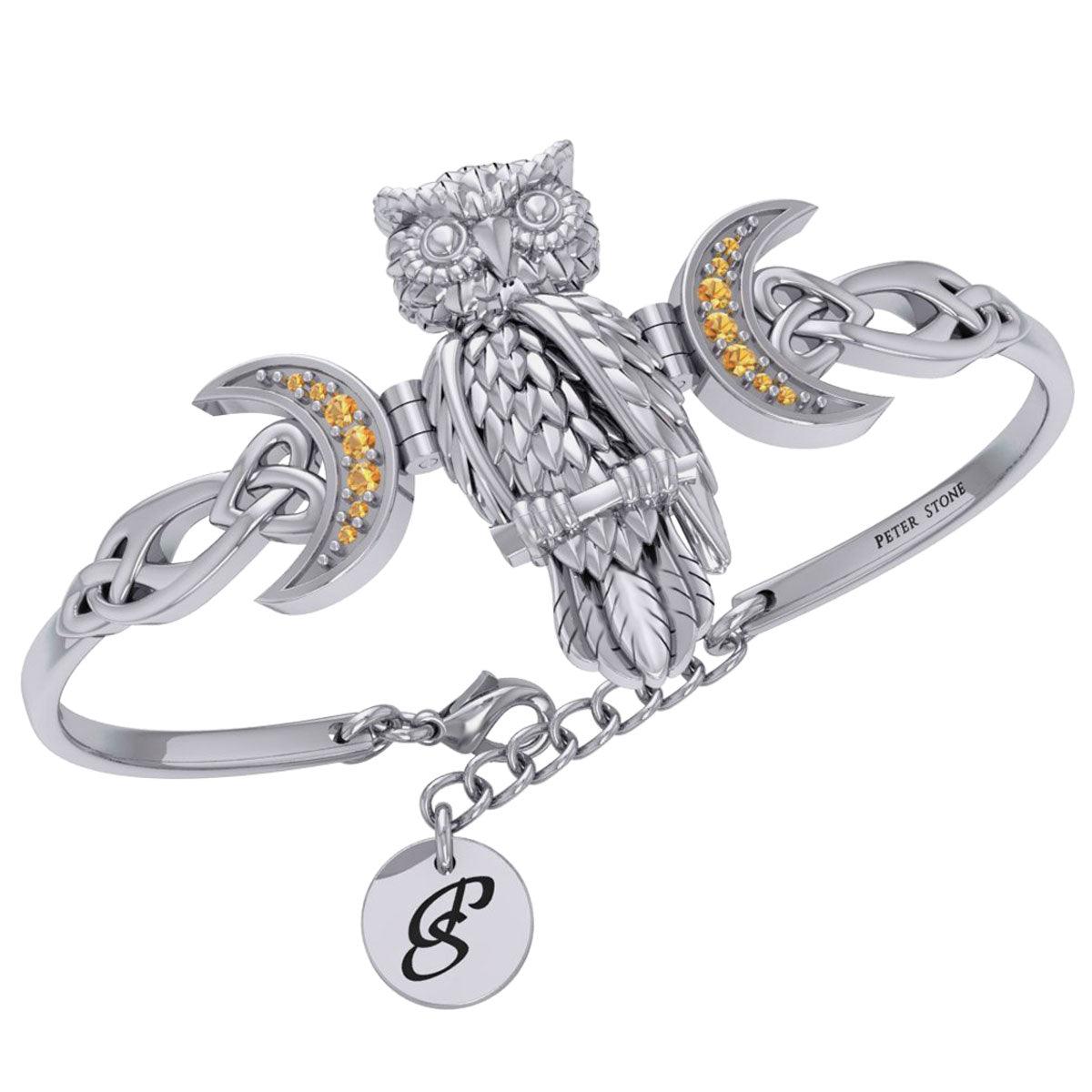 Great Horned Owl with Crescent Moon and Celtic Heart Silver Cuff Bracelet TBA290 - Jewelry