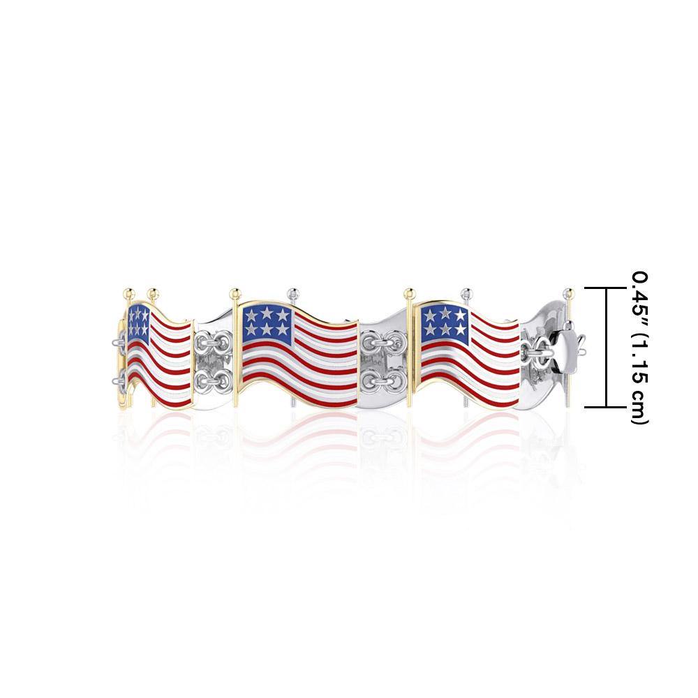Silver and Gold American Flag with Enamel Link Bracelet TBGV399 - Jewelry