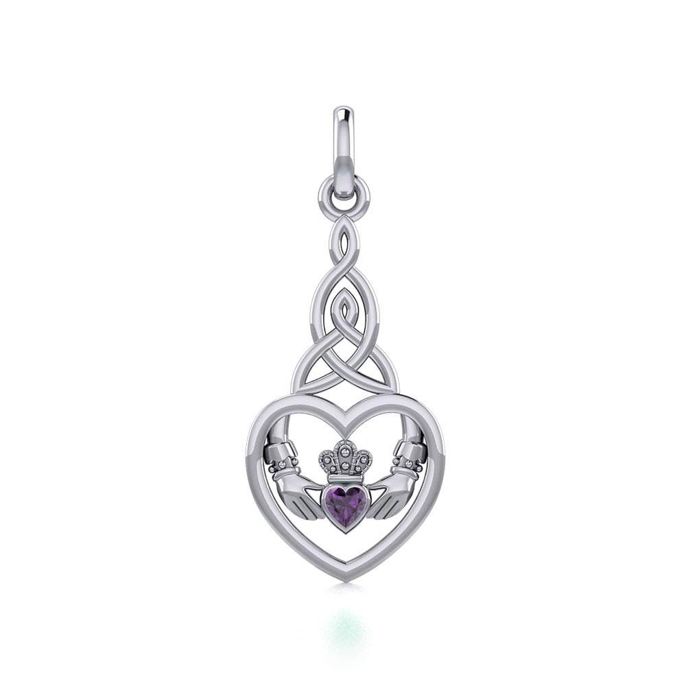 Heart Claddagh with Celtic Trinity Knot Silver Charm with Gemstone TCM667 - Jewelry