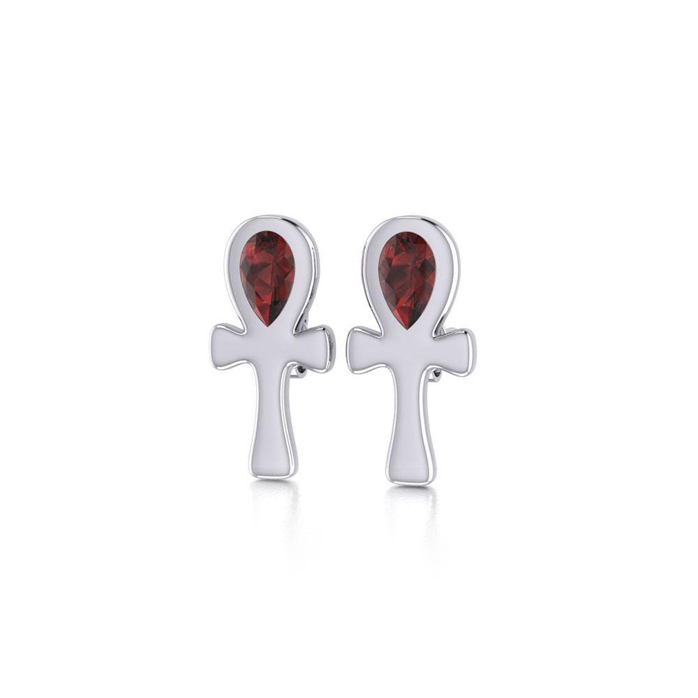 The cross of life ~ Sterling Silver Ankh Post Earrings with Gemstone TE2026 - Jewelry